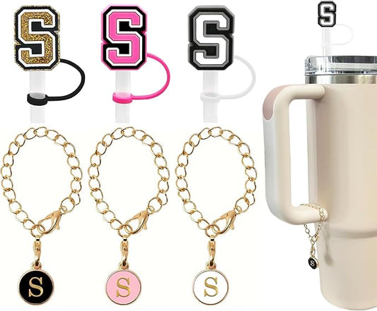 （3 +3) 3PCS Nuozme Straw Cover 10mm For Stanley Tumbler Cup Reusable Straw Cap Topper with 3 Initial Letter Charms Accessories Name ID Personalized Handle Charm For Stanley 30&40 Oz Cup Tumbler