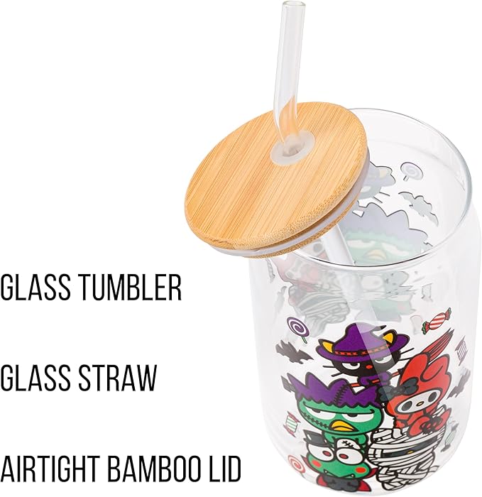 Silver Buffalo Sanrio Hello Kitty & Friends Halloween Spooky Badtz-Maru Frankenstein, Chococat Witch, My Melody Ghost, Keroppi Vampire, Mummy Glass Jar Tumbler w Bamboo Lid and Glass Straw, 16oz