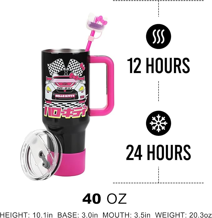 Bioworld Hello Kitty Race Car 40 Oz Black & Pink Stainless Steel Tumbler With Handle