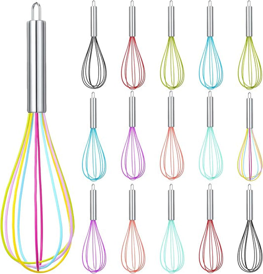 Domensi 16 Pcs 12 Inch Whisks Bulk for Cooking Silicone Whisks Non Scratch Stainless Steel Hand Coated Metal Heat Resistant Egg Beaters for Classroom Cook Party Favor Gift Supplies