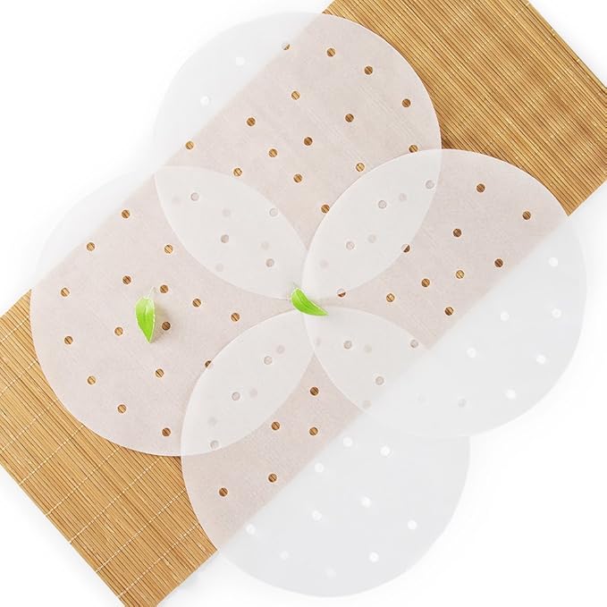 100pcs Air Fryer Liners, Vancens 9 inch Bamboo Steamer Liners, Premium Perforated Parchment Paper Sheets, Non-stick Basket Mat, Perfect for 5.3 & 5.8 QT Air Fryers/Steaming/Baking/Cooking