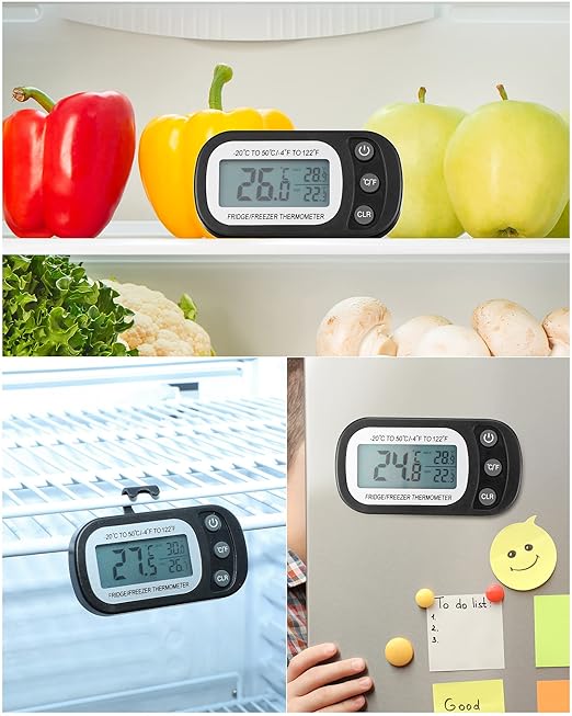 Frienda 12 Pack Black Digital Fridge Thermometer Waterproof Refrigerator and Freezer Room Max/min Record Function LCD Screen Refrigerator Thermometer with Hook and Magnetic Back for Home