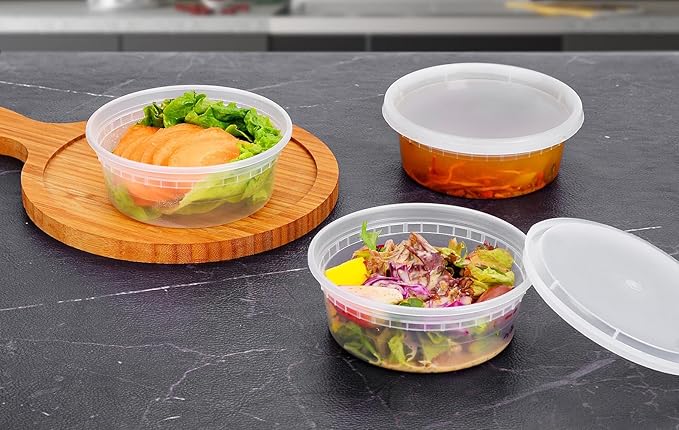 EDI [8 OZ, 50 Sets] Plastic Deli Food Storage Containers with Airtight Lids | Microwave-, Freezer-, Dishwasher-Safe | BPA Free | Heavy-Duty | Meal Prep | Leakproof | Recyclable