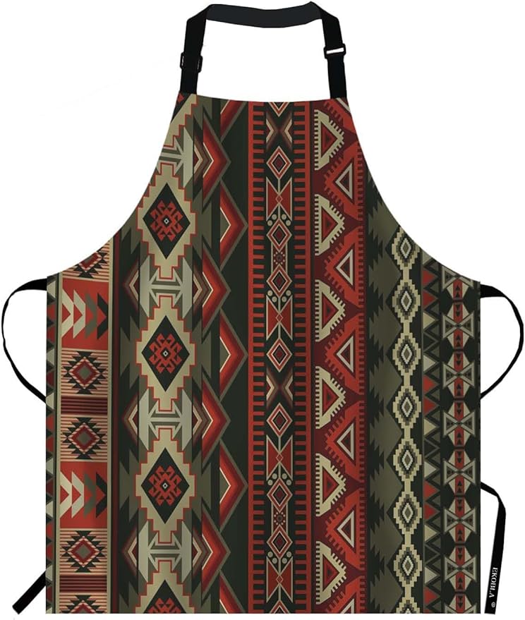 EKOBLA Aztec Print Aprons American Style Decorative Geometric Ornament Tribal Design Waterproof Resistant Chef Cooking Kitchen BBQ Adjustable Aprons for Women Men 27x31 Inch