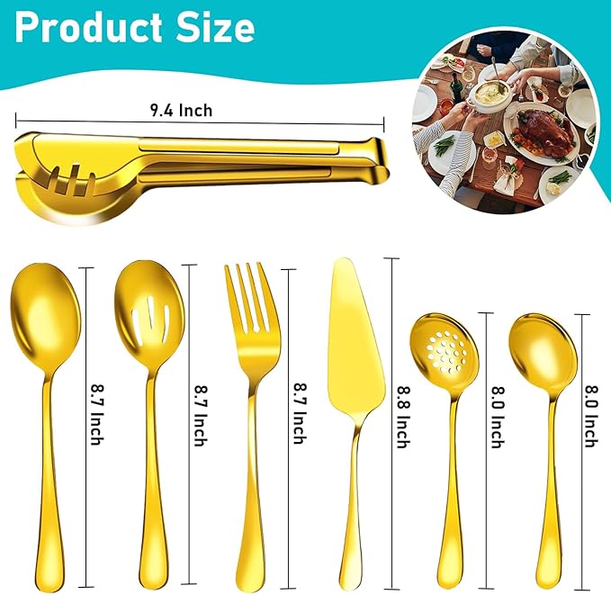 Serving Utensils, 15 Pcs Stainless Steel Large Flatware Serving Tools Kit, Included Spoons, Forks, Tongs, Slotted Spoon, Ladle, Cake Server for Kitchen Catering Banquet Wedding Buffet Party, Gold