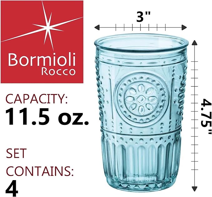 Bormioli Rocco Romantic Set Of 4 Tumbler Glasses, 11.5 Oz. Colored Crystal Glass, Light Blue, Made In Italy.