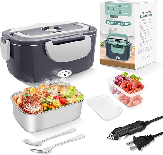 Electric Heated Lunch Boxes Adults: 80W Electric Lunch Box Food Heated 12/24/110V 1.5L Heatable Lunch Box for Car/Truck/Office Leak-Proof Stainless Steel Container, Fork & Spoon, Bag (Dark Grey)