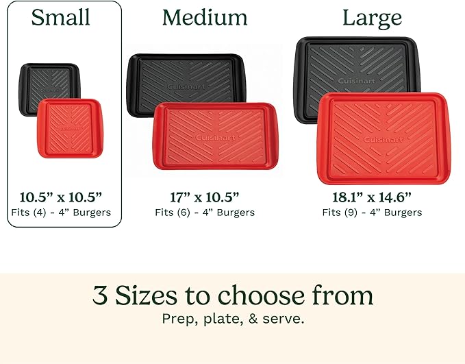 Cuisinart Grilling Prep & Serve Trays, 10.5x10.5 inch Small BBQ Tray Safe for Food Handling, 2 Dishwasher Safe Nesting Trays Black & Red, Perfect Grill Accessories for Cooked & Raw Meat, Fits 4 Burger