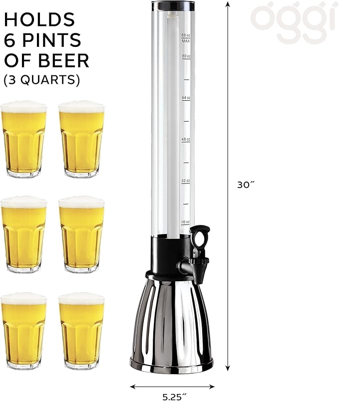 OGGI Beer Tower 88oz - Beverage Dispenser with Spigot & Ice Tube, Margarita Tower, Mimosa Tower, Perfect Drink Dispensers for Parties, Drink Tower, Holds 6 Pints of Beer – Stainless