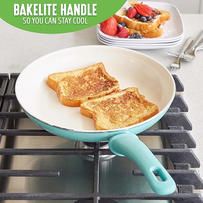 GreenLife Nonstick 8" Frying Pan Skillet, Non-Toxic PFAS-Free Ceramic Nonstick, Dishwasher & Oven Safe, Stay-Cool Handles, Wobble Free, Turquoise