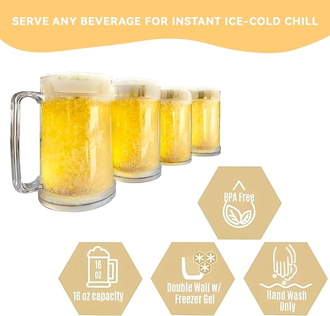 Lily's Home 16oz set of 4 Insulated Double Wall Gel-Filled Acrylic Frosted Freezer Stein Mugs, Great as Old Fashion Drinking Glasses at BBQs and Parties, Clear