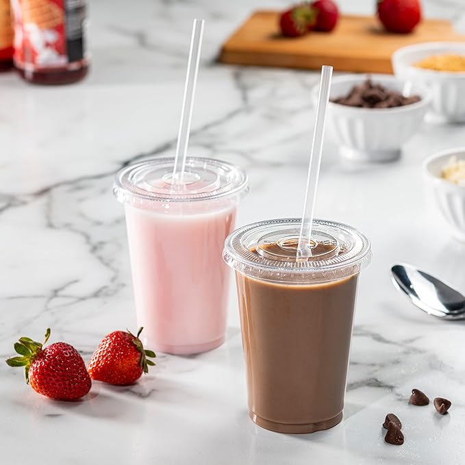 GUSTO Clear Plastic Cups with Flat Lids [10 oz - 100 Count] - Disposable Iced Coffee Cups with Lids - PET Plastic Cold Cups for Smoothies, Juices & To-Go Drinks - Formerly Comfy Package