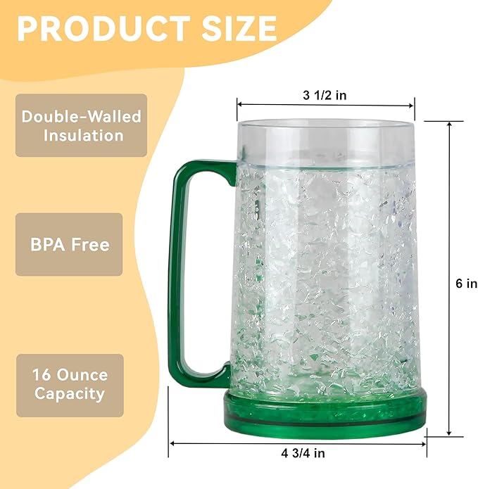 Lily's Home 16oz set of 4 Double Wall Gel-Filled Acrylic Freezer Stein Mugs, Great as Old Fashion Drinking Glasses at BBQs and Parties, Clear with Assorted Color Accents