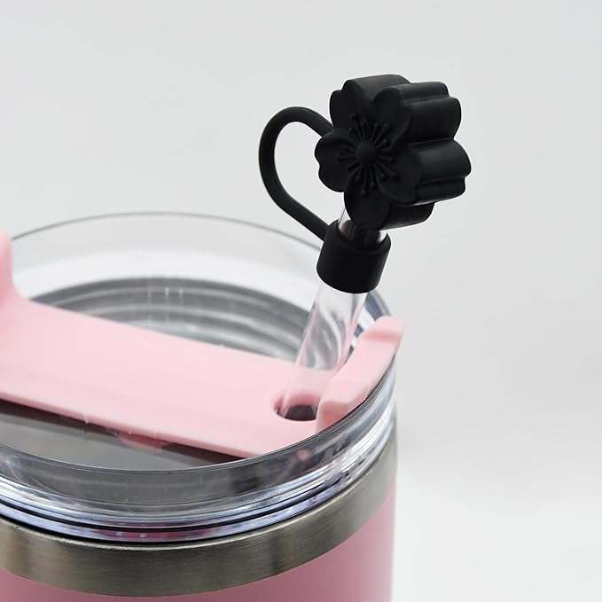 Flower Silicone Straw Cover Cap for Stanley Cup,Straw Topper 10mm 0.4in Dust-Proof Reusable Straw Tips Lids,Straw Tip Covers Gift for Party Decor (Black Cherry blossom 4pcs)
