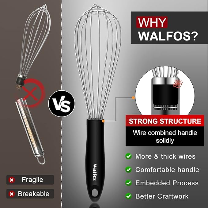 Walfos Whisk,Whisks for cooking set, 304 Stainless steel Whisks,Heat Resistant 600°F.Perfect for Blending Beating Stirring - 11inFlat Whisk and 7+9+11in Balloon Whisk