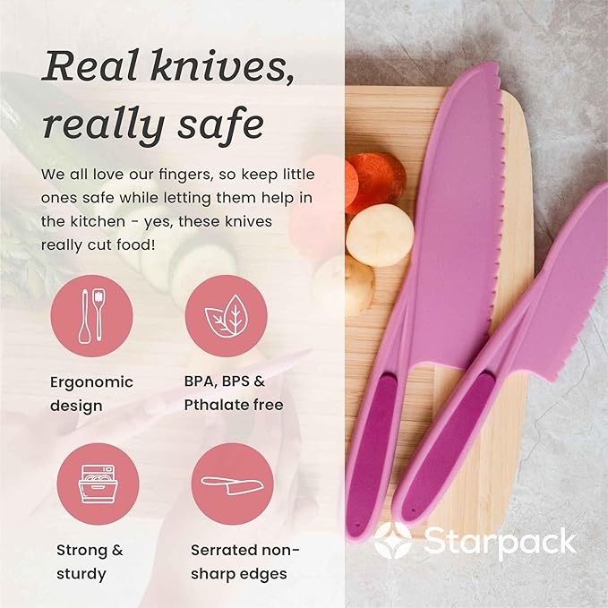 Starpack 'Finger Loving' Kid Safe Kitchen Knife Set of 3 - Kids Knife Set for Real Cooking - Serrated Edges Toddler Knife Sets for 3+ Year Olds - Montessori Knife Sets - BPA-Free Nylon Knives for Kids
