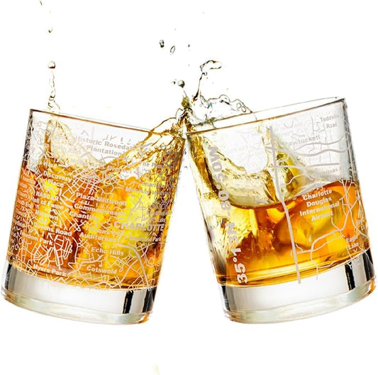 Greenline Goods Whiskey Glasses - 10 Oz Tumbler Set for Charlotte lovers, Etched with Charlotte City Map Old Fashioned Rocks Glass - Set of 2