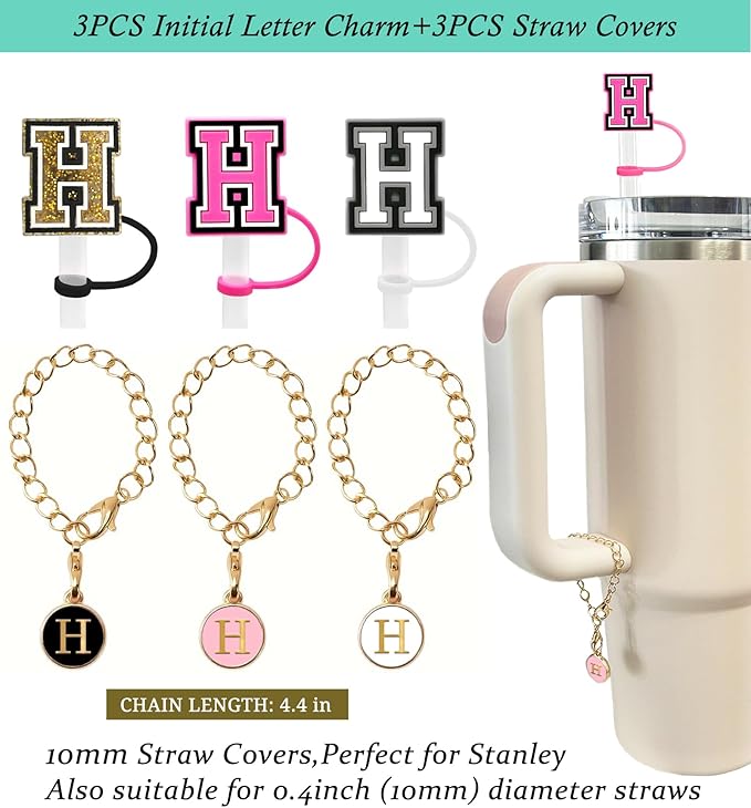 （3 +3) 3PCS Nuozme Straw Cover 10mm For Stanley Tumbler Cup Reusable Straw Cap Topper with 3 Initial Letter Charms Accessories Name ID Personalized Handle Charm For Stanley 30&40 Oz Cup Tumbler