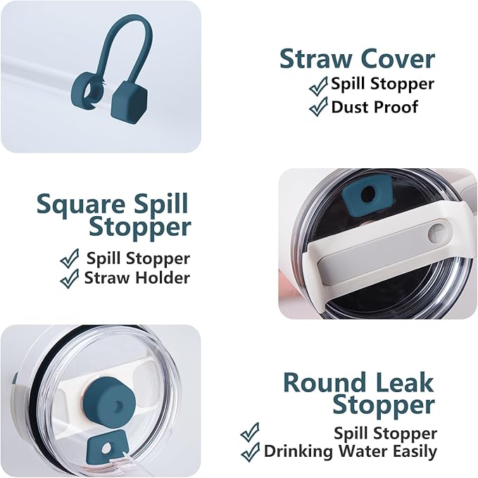 Silicone Spill Stopper Set Compatible with Stanley Cup 2.0 30oz & 40oz with Straw Cover (Set of 2, Blue Spruce)