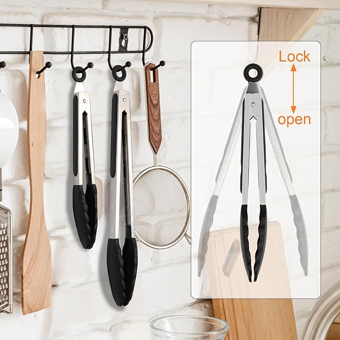 2 Pack Black Premium Stainless Steel Heat Resistant Kitchen Tongs for cooking,set of 9" and 12",Non Scratch Silicone cooking Tong Tip for Cooking Pans,Strong Grip BBQ tongs for Grabbing Hot Food