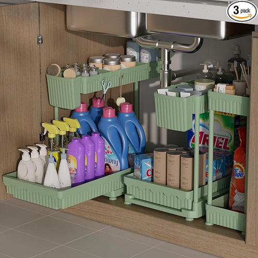 3 Pack Multi-Purpose Under Sink Organizers and Storage (Green, 14.85 inches)