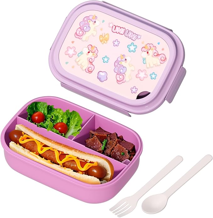 Bento Lunch Box with Kids & Children, Stackable Lunchbox Container with 3-Compartment, Durable for On-the-Go Meal, BPA-Free and Food-Safe Materials (Purple)