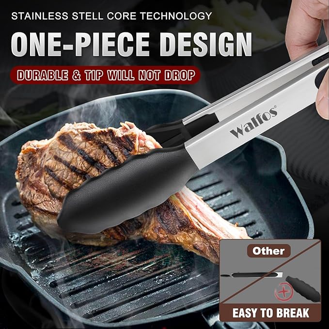 Walfos Kitchen Tongs - Heat Resistant Cooking Tongs Set of 3, Stainless Steel and BPA Free Silicone Tips, Great for Cooking, Grilling, Turning, 7" 9" and 12" (3 black silicone tongs)