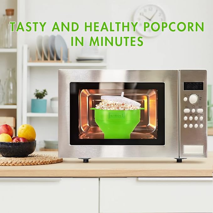 The Original Korcci Microwaveable Silicone Popcorn Popper, BPA Free Microwave Popcorn Popper, Collapsible Microwave Popcorn Maker Bowl, Dishwasher Safe - Green