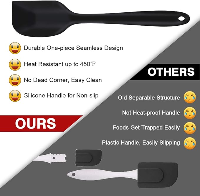 Silicone Spatula Set of 7, P&P CHEF Heat-Resistant Rubber Spatulas Kitchen Utensils Set for Non-stick Cooking Baking Mixing, Seamless & Flexible Design, Dishwasher Safe, Black