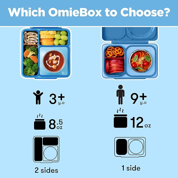 OmieBox Bento Box for Kids - Insulated Bento Lunch Box with Leak Proof Vacuum Insulated Food Jar - 3 Compartments, Two Temperature Zones (Blue Sky)