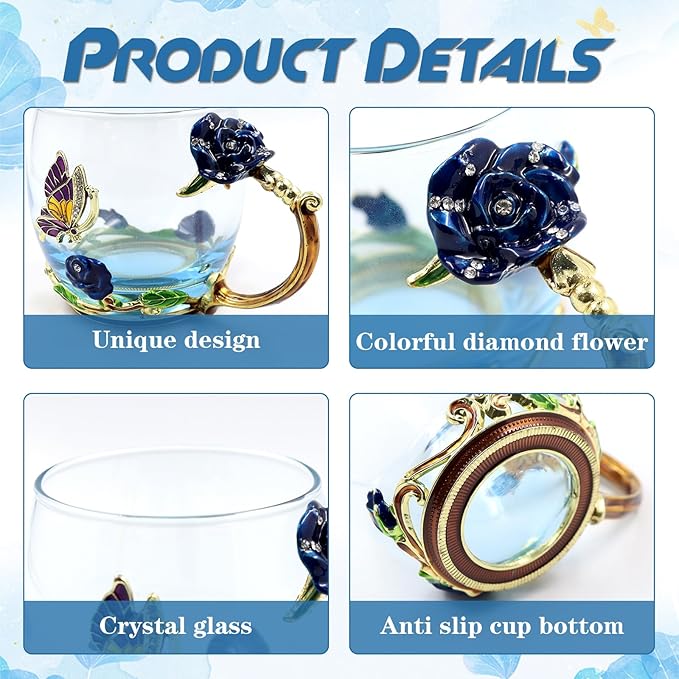 Enamels Butterfly Flower Tea Cup,Glass Coffee Mug,Valentines Mothers Day Graduation Birthday Present Christmas Gifts for Women Mom Her Teacher