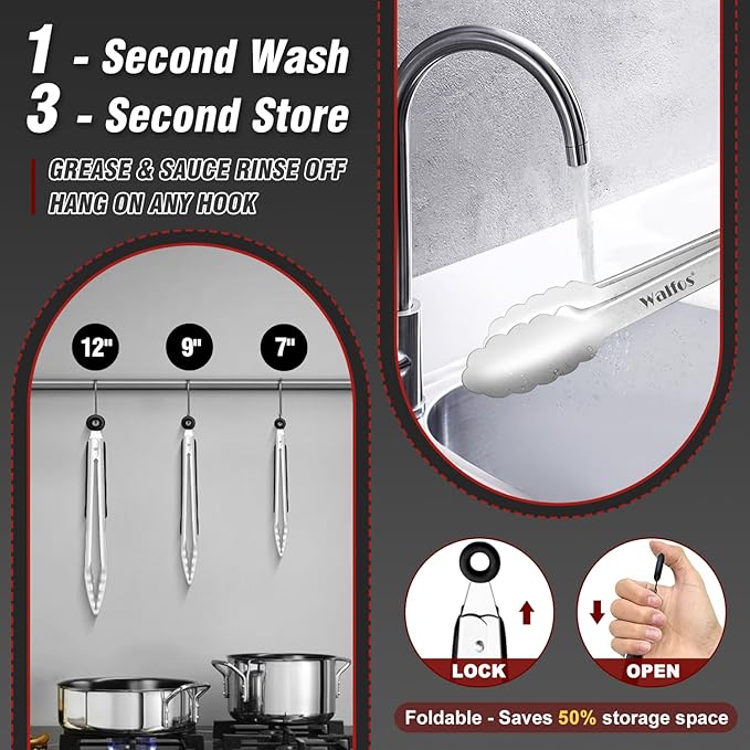 Food Grade Stainless Steel Kitchen Tongs for Cooking,BBQ - 7 ，9 and 12 Inch,Set of 3 Heavy Duty Locking Metal Food Tongs Non-Slip Grip