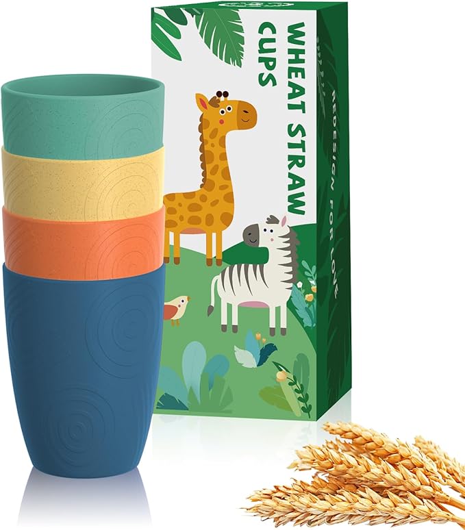 Homienly Wheat Straw Cups Alternative to Plastic Cups Set of 4 Premium Drinking Glasses - 12 OZ, Unbreakable Drinking Cups, Dishwasher & Microwave Safe Tumbler Cups for Kitchen, Kids, Picnic - Multi