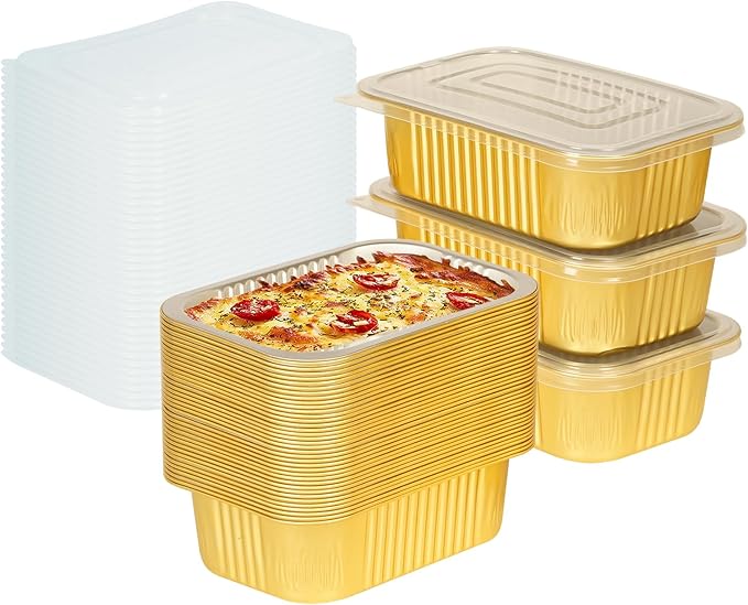 40 Pack 7.2"×5"×1.8" Gold Aluminum Foil Pans with Lids Heavy Duty, 1.5 LB Foil Food Containers with Lids, Disposable Tin Foil Pans for Baking, Meal Prep, Freezer, Heating and Takeout
