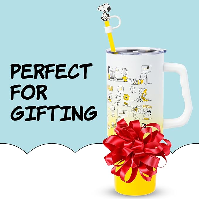 Silver Buffalo Peanuts Iconic Scenes Featuring Charlie Brown, Snoopy, Woodstock, Lucy, Sally, Linus & More Stainless Steel Tumbler w Handle, Straw, & Straw Cap, Fits in Standard Cup Holder, 40 Ounces