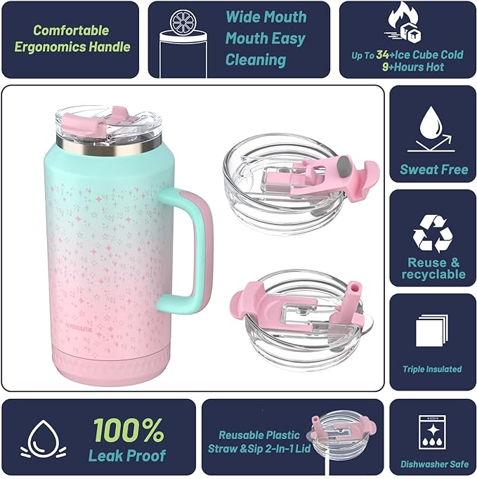 Hydraful 64 oz Tumbler with Handle and Straw - 100% Leak-Proof - Insulated Cup Reusable Stainless Steel Large Water Bottle Travel Mug for Gym, Hiking, and Camping - Gifts for Women Men Him Her