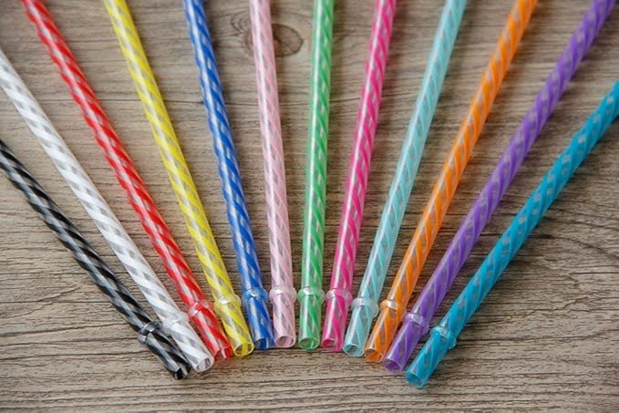 Dakoufish 12 Piece 7 Inch Reusable Plastic Thick Drinking Straws BPA Free Mason Jar Straws Transparent Small Stripe (7inch, Mix 12color)