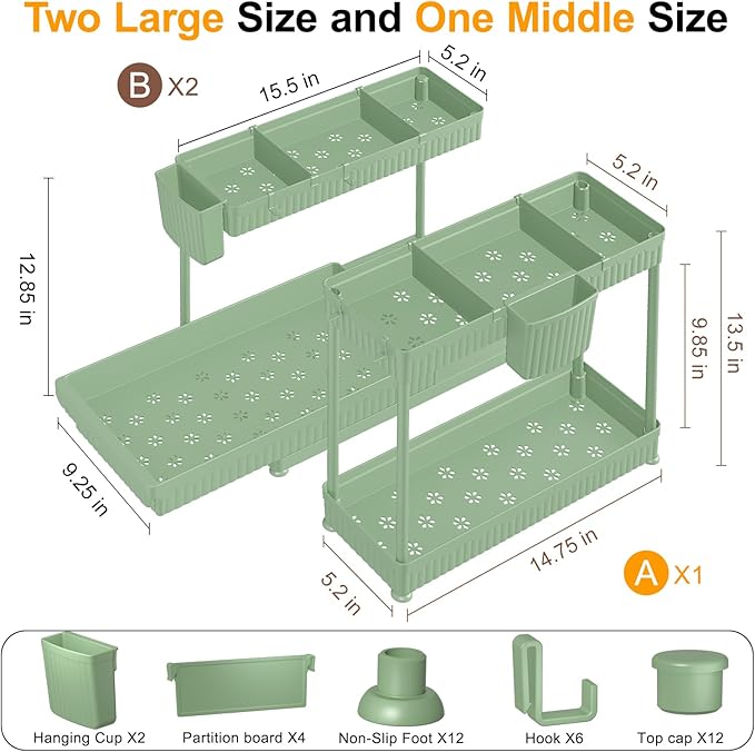 3 Pack Multi-Purpose Under Sink Organizers and Storage (Green, 12.85 inches)