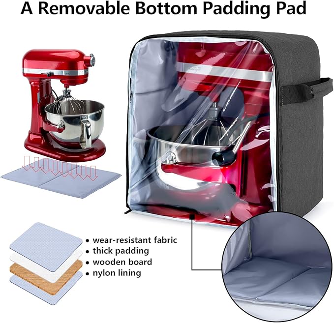 Luxja Dust Cover Compatible with 6-8 Quart KitchenAid Mixers (with a Bottom Padding Pad), Dust Cover (Clear Front Panel) for Stand Mixers and Extra Accessories, Black (Patented Design)