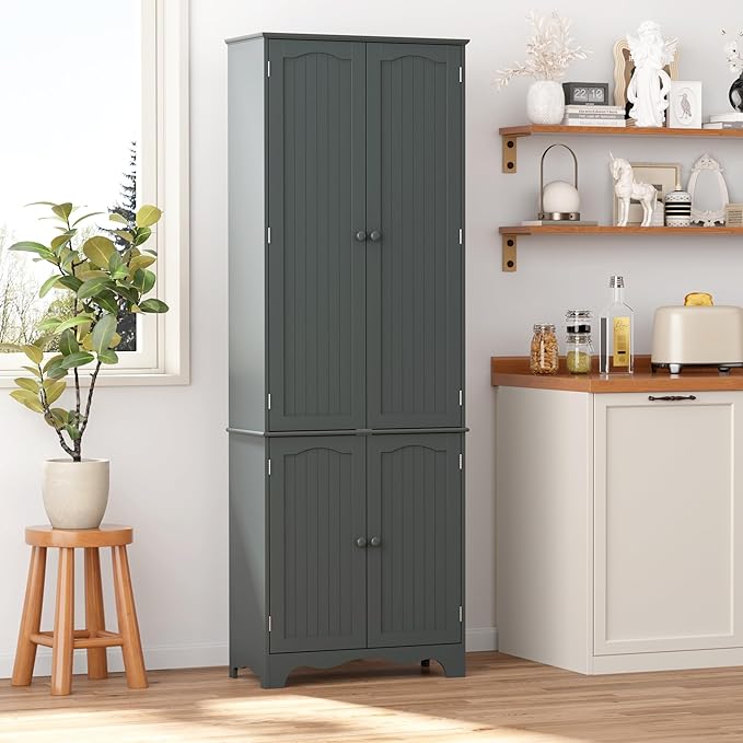 Yusong 72'' Tall Kitchen Pantry Cabinet, Freestanding Storage Cabinet with Doors and Shelves, Wooden Food Pantry Farmhouse Cupboard Buffet for Kitchen Dining Living Room, Gray