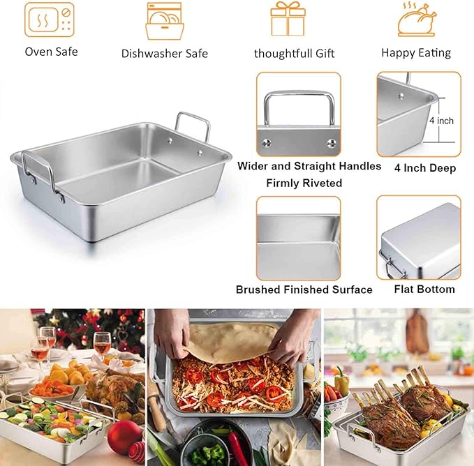TeamFar Stainless Steel Roasting Pan, 16 Inch Large Turkey Roaster Lasagna Pan with V Rack & Cooling Rack Set for Roasting, Baking, Healthy & Heavy Duty, Deep Side & Dishwasher Safe - 3 PCS