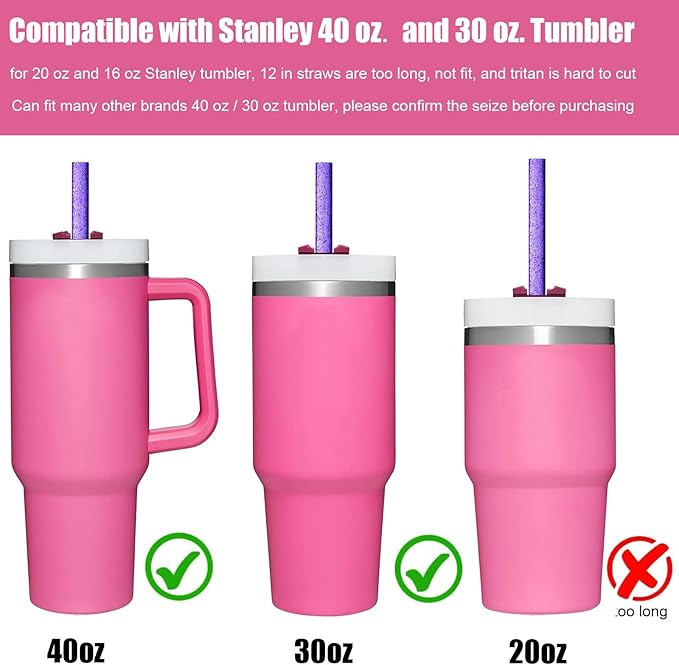 ALINK 10 Pack Purple Replacement Straws for Stanley 40 oz 30 oz Tumbler, 12 in Long Reusable Plastic Glitter Straws for Stanley Cup Accessories, Half Gallon Jug, Plus 2 Cleaning Brush