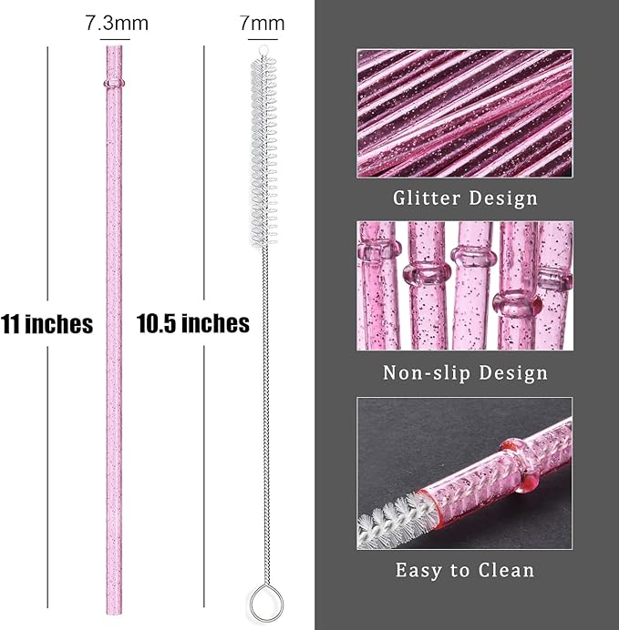 ALINK 12PCS Reusable Clear Pink Glitter Straws, 11" Long Hard Plastic Tumbler Drinking Straws with Cleaning Brush