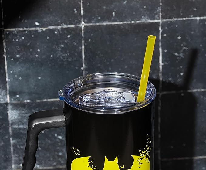 Silver Buffalo DC Comics Batman Logo Stainless Steel Tumbler with Handle and Straw, Fits in Standard Cup Holder, 40 Ounces