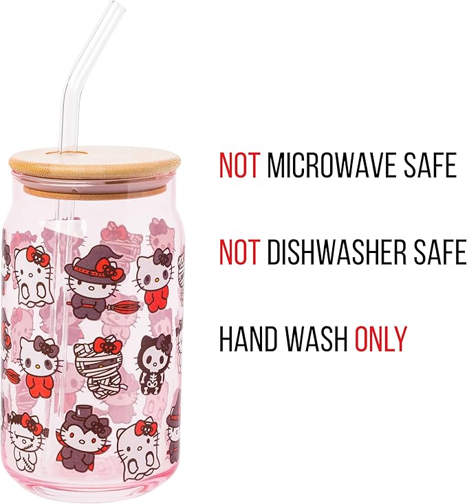 Silver Buffalo Sanrio Hello Kitty and Friends Halloween Spooky Costumes Ghost Witch Vampire Zombie Frankenstein Skeleton Pink Glass Jar Tumbler with Bamboo Lid and Glass Straw, 16 Ounces (Pack of 12)