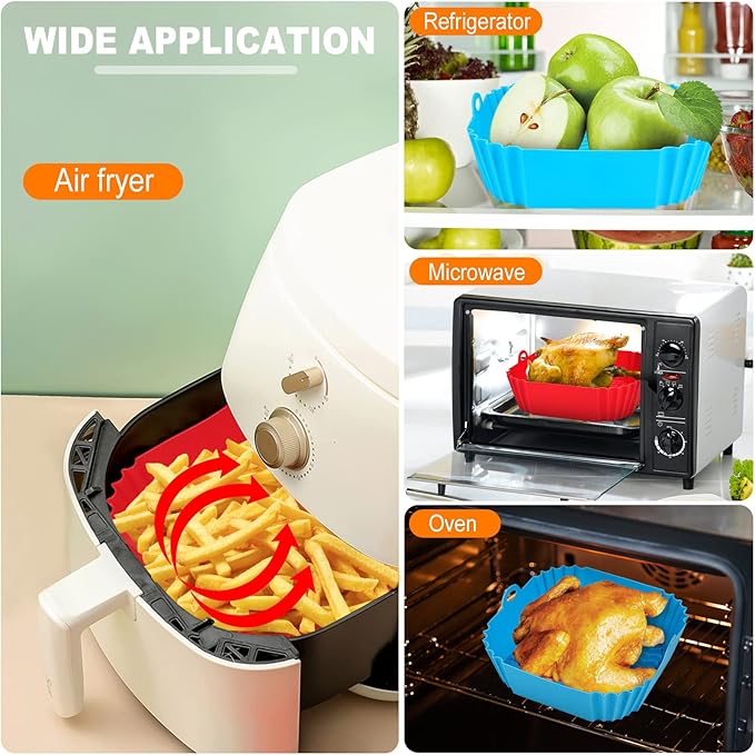 2 PCS Square Silicone Air Fryer Liners - 8 Inch Reusable Air Fryer Pot - Air Fryer Accessories - Air Fryer Inserts for 4 to 7 QT Oven Microwave Accessories (Red + Blue)