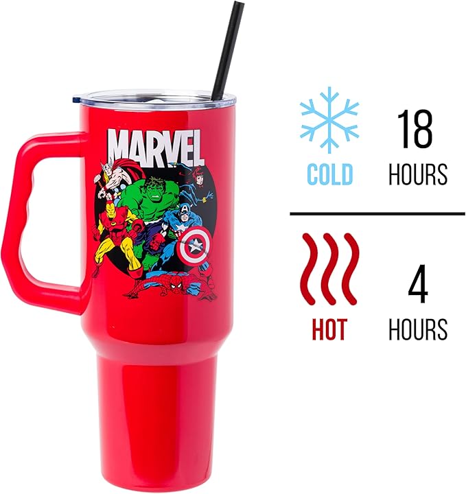 Silver Buffalo Marvel Avengers Stainless Steel Tumbler with Handle and Straw Featuring Captain America, Thor, Hulk, Iron Man, Black Widow, and Spiderman, Fits in Standard Cup Holder, 40 Ounces