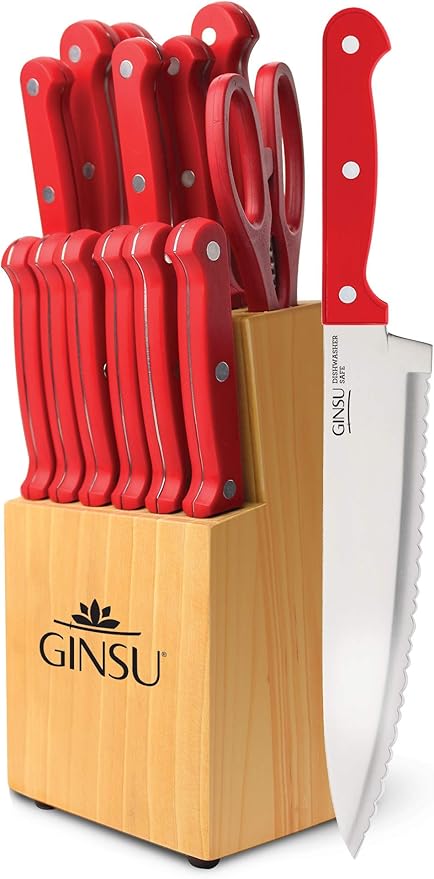 Ginsu Kiso 14-Piece Red Knife Set with Natural Block - Dishwasher Safe and Always Sharp