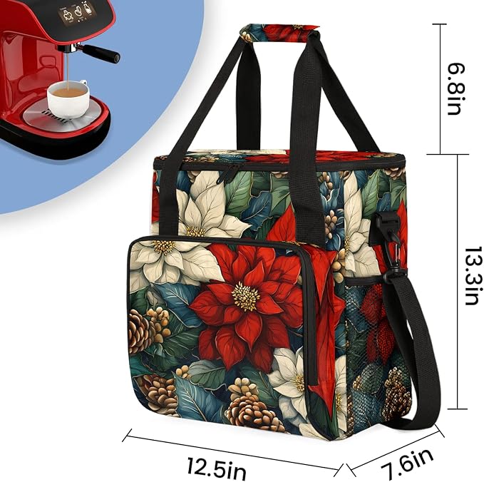 Christmas Flower Leaves Coffee Maker Travel Bag, Poinsettia Floral Insulated - Image 2
