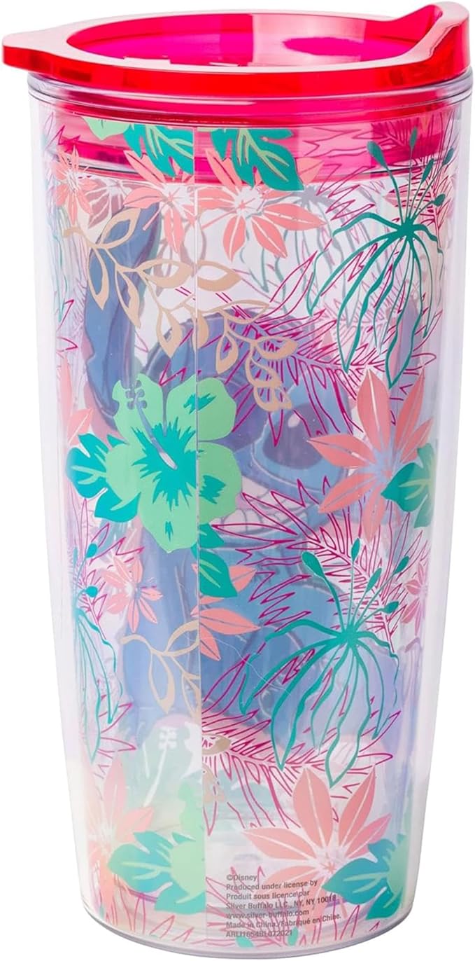 Silver Buffalo Disney Lilo and Stitch Floral Tropical Abstract Red Double Wall Travel Tumbler with Slide Close Lid, 20 Ounces
